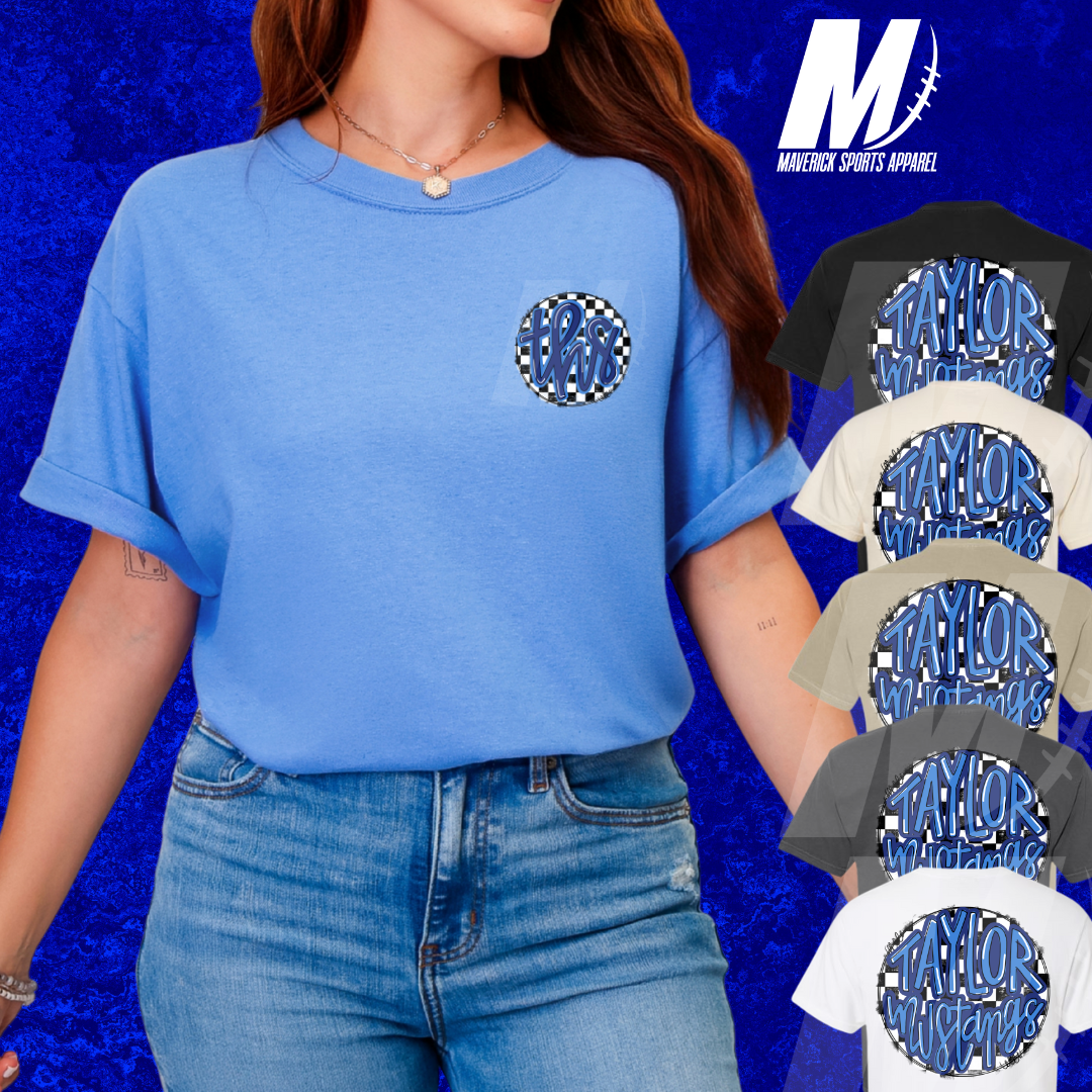 Taylor Mustangs Comfort Colors® Tee – Hand-Drawn Checkerboard THS Monogram Pocket & Bubble Back