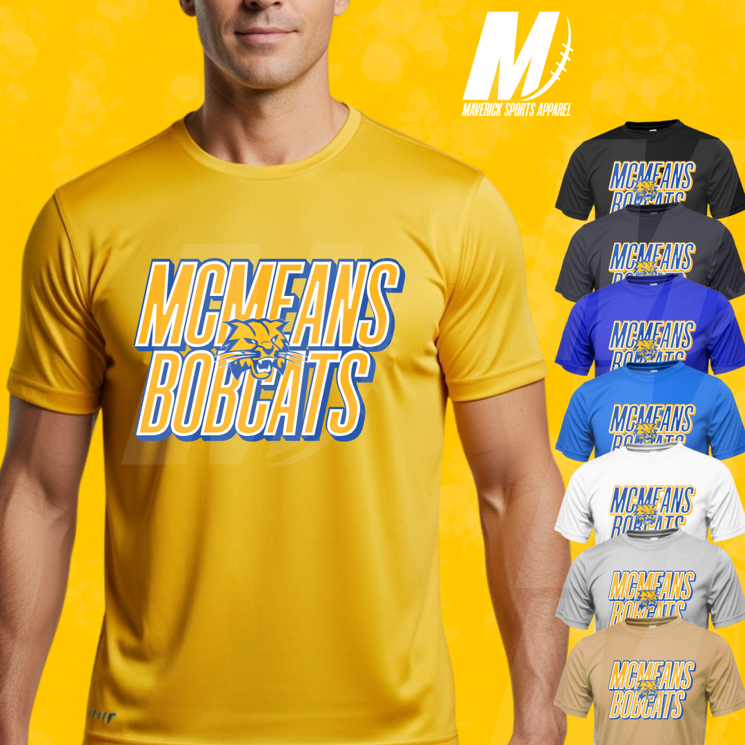 McMeans Bobcats Stacked Mascot Tee – Xtreme Tek Dri-Fit Tee