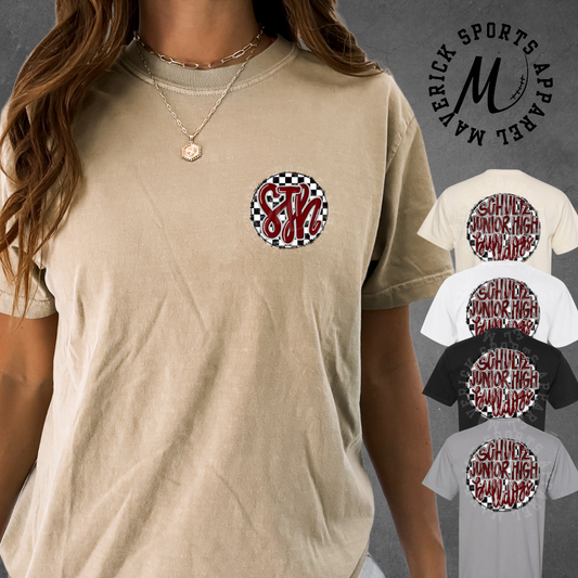 Schultz Bulldogs Comfort Colors® Tee – Hand-Drawn Checkerboard SJH Monogram Pocket & Bubble Back