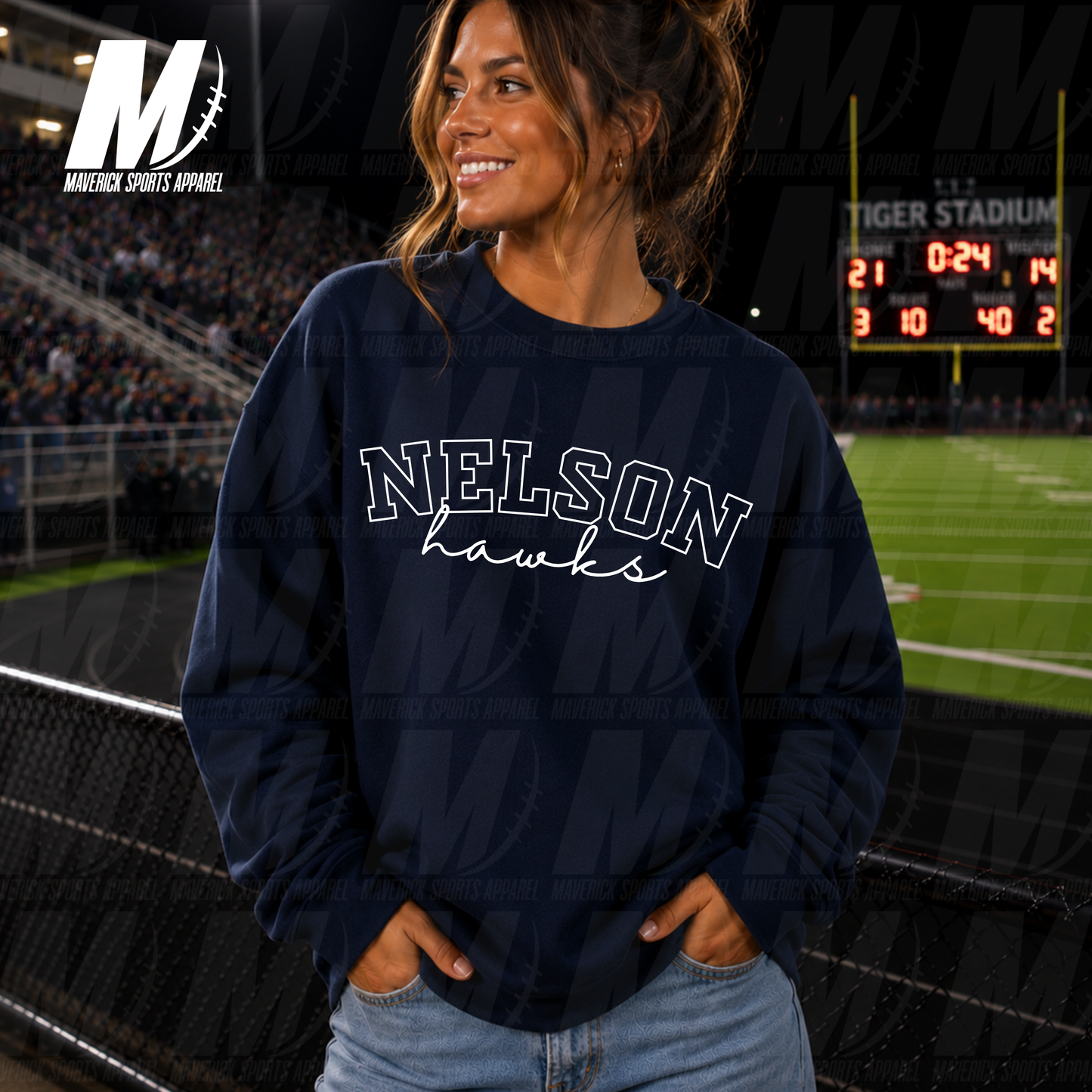 Nelson Hawks Varsity Script PUFF INK – Crewneck Sweatshirt