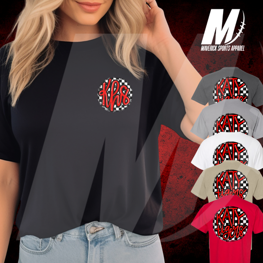 Katy High School Tigers Comfort Colors® Tee – Hand-Drawn Checkerboard KHS Monogram Pocket & Bubble Back