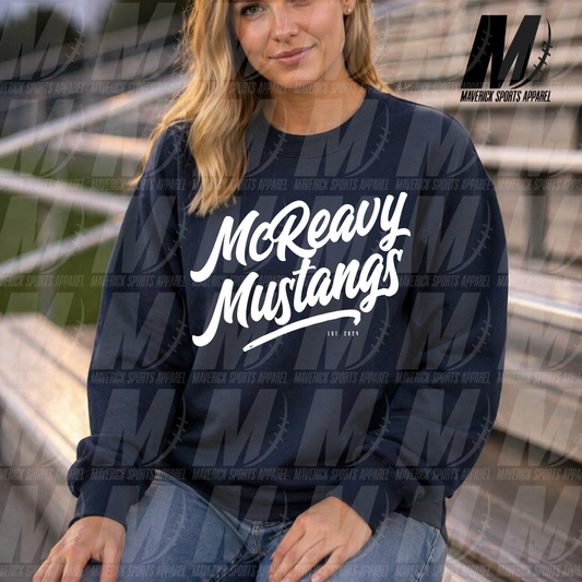 McReavy Mustangs Heritage Script – Crewneck Sweatshirt