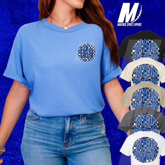 Taylor Mustangs Comfort Colors® Tee – Hand-Drawn Checkerboard THS Monogram Pocket & Bubble Back