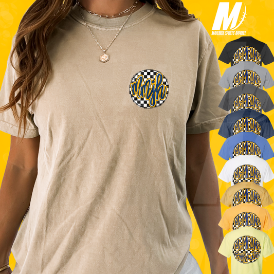 McMeans Bobcats Comfort Colors® Tee – Hand-Drawn Checkerboard MMJH Monogram Pocket & Bubble Back