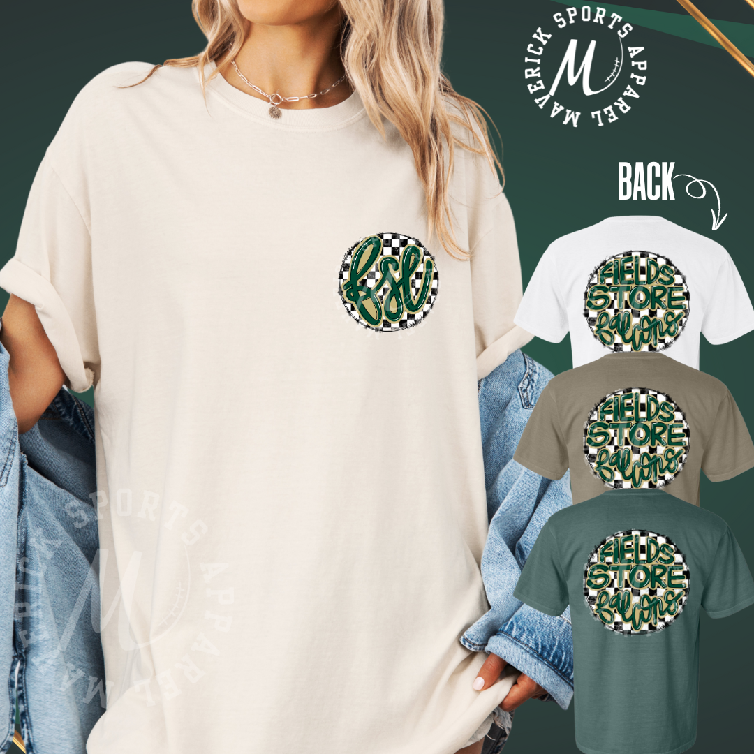 Fields Store Falcons Comfort Colors® Tee – Hand-Drawn Checkerboard FSE Monogram Pocket & Bubble Back