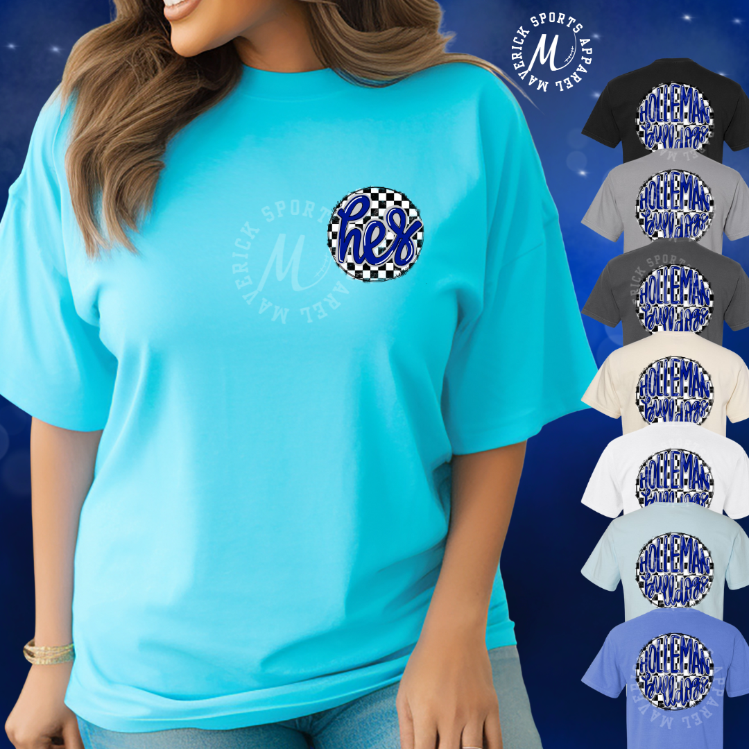 Holleman Elementary Bulldogs Comfort Colors® Tee – Hand-Drawn Checkerboard HES Monogram Pocket & Bubble Back