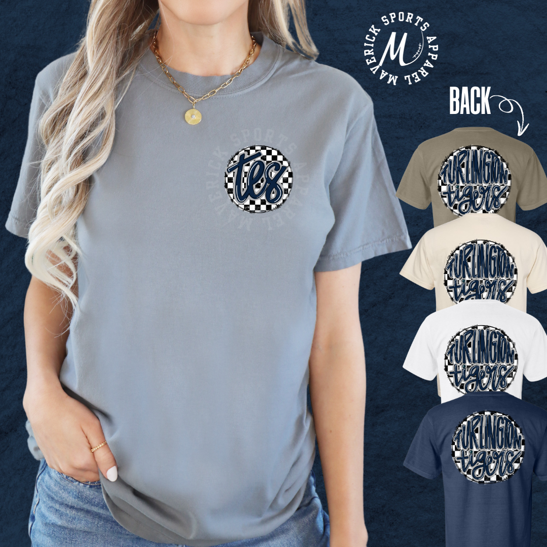 Turlington Elementary Tigers Comfort Colors® Tee – Hand-Drawn Checkerboard TES Monogram Pocket & Bubble Back