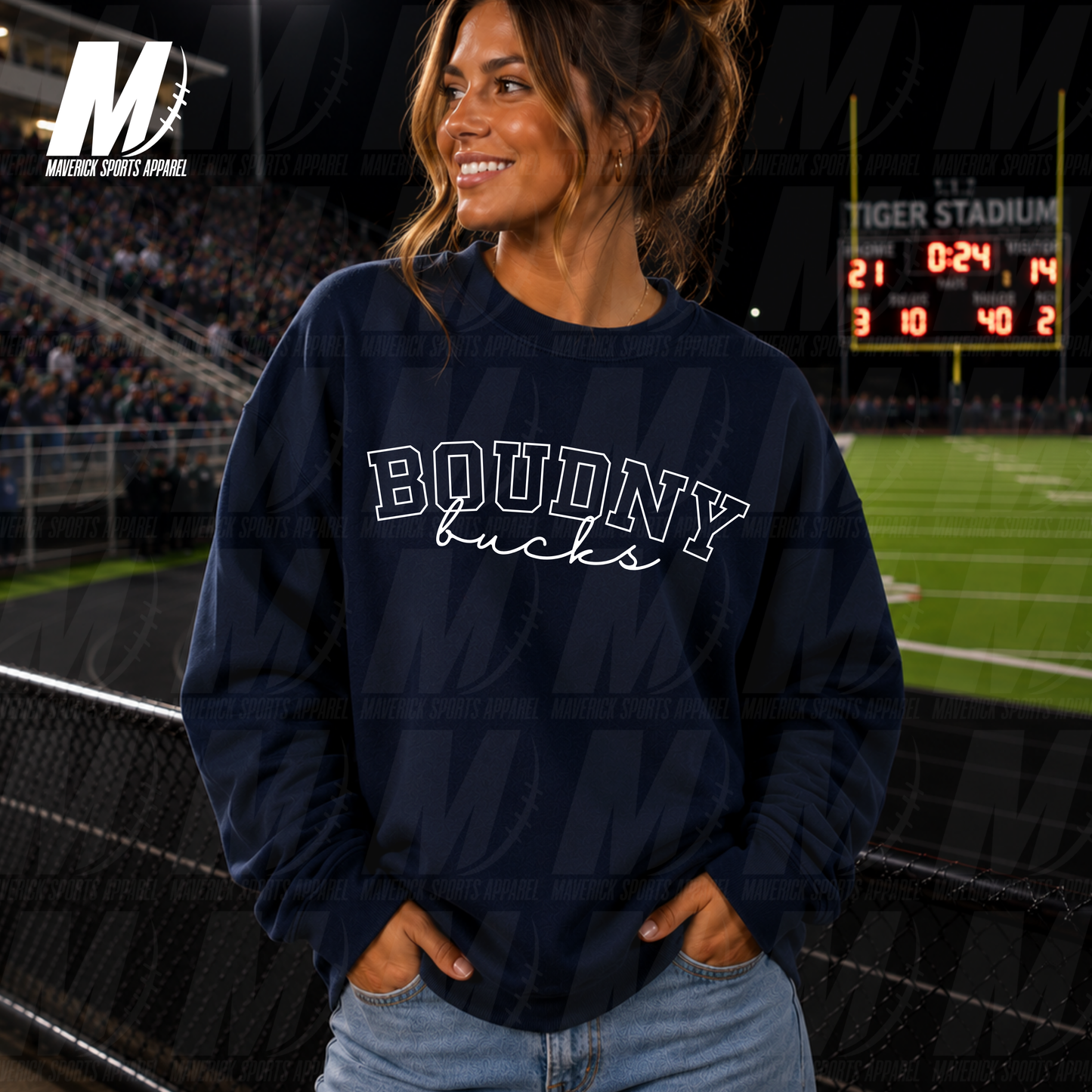 Boudny Bucks Varsity Script PUFF INK – Crewneck Sweatshirt